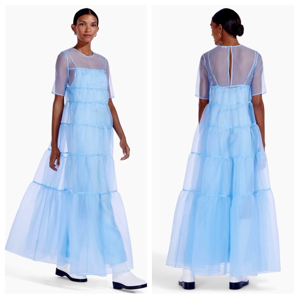Staud Hyacinth Tiered Organza Maxi A-Line Dress in French Blue Medium